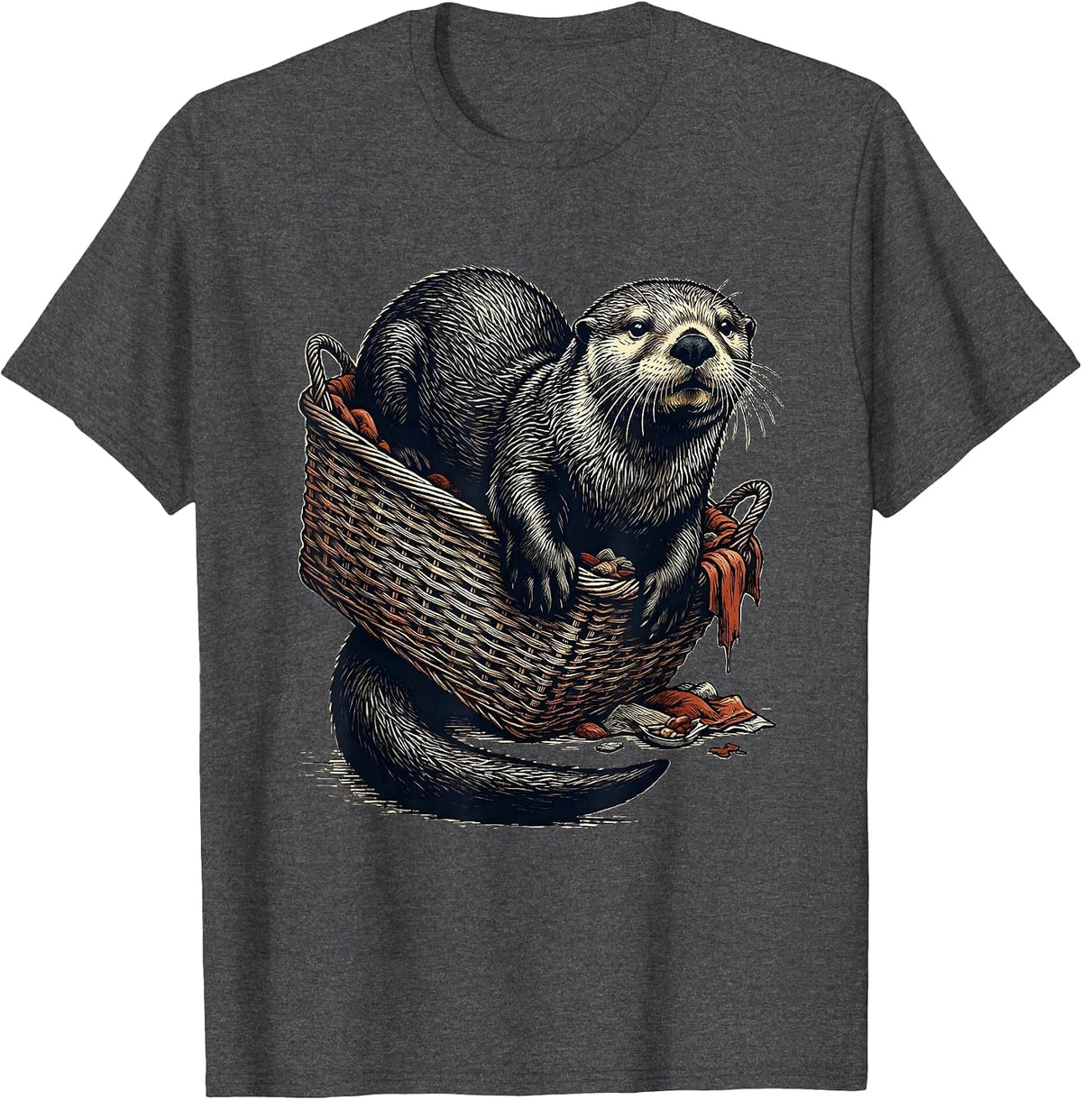 Men's Sea Otter Linocut Funny Otter Lover Gift T-Shirt - Dark Heather Grey