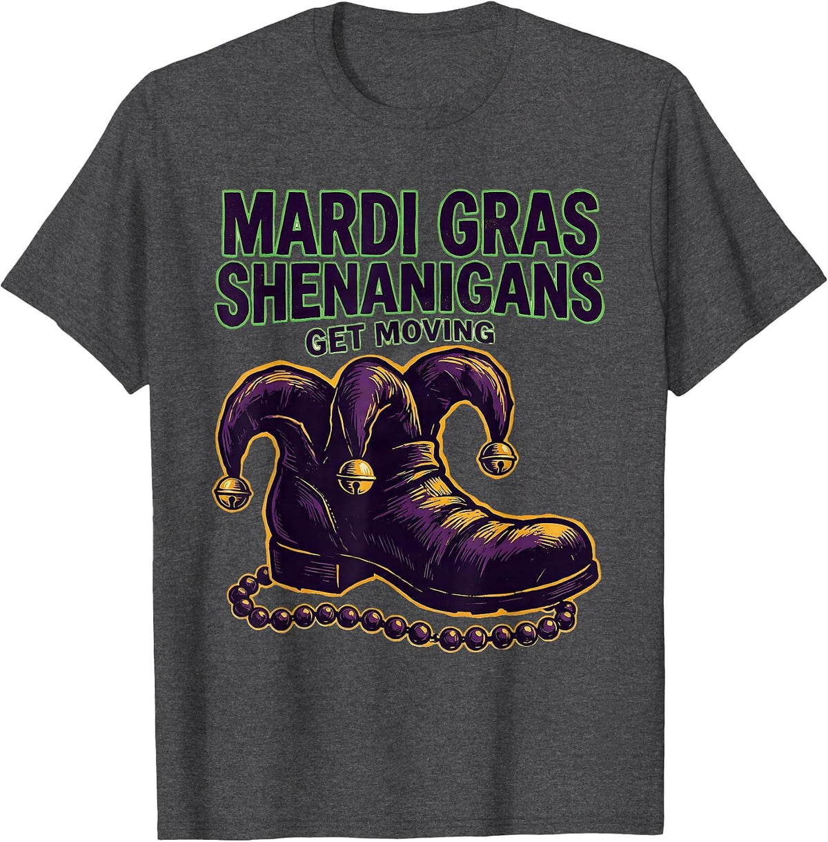 Mardi Gras Shenanigans Get Moving Linocut Carnival Party T-Shirt - Dark Heather Grey
