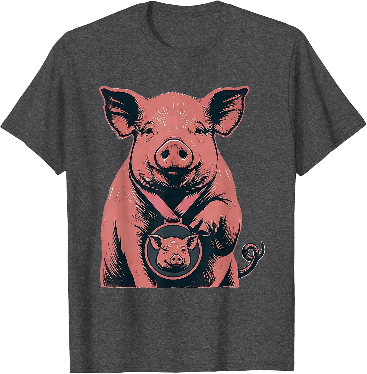 Pig Medal Linocut Funny Farm Animal Lover Gift T-Shirt - Dark Heather Grey