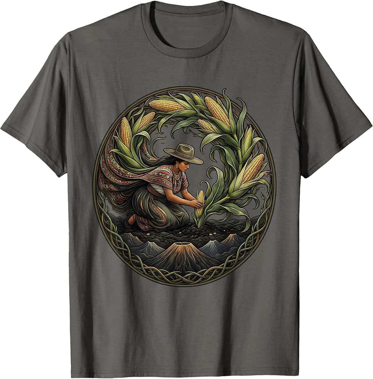 El Salvador Corn Farmer Volcanic Soil Illustration T-Shirt - Asphalt Grey