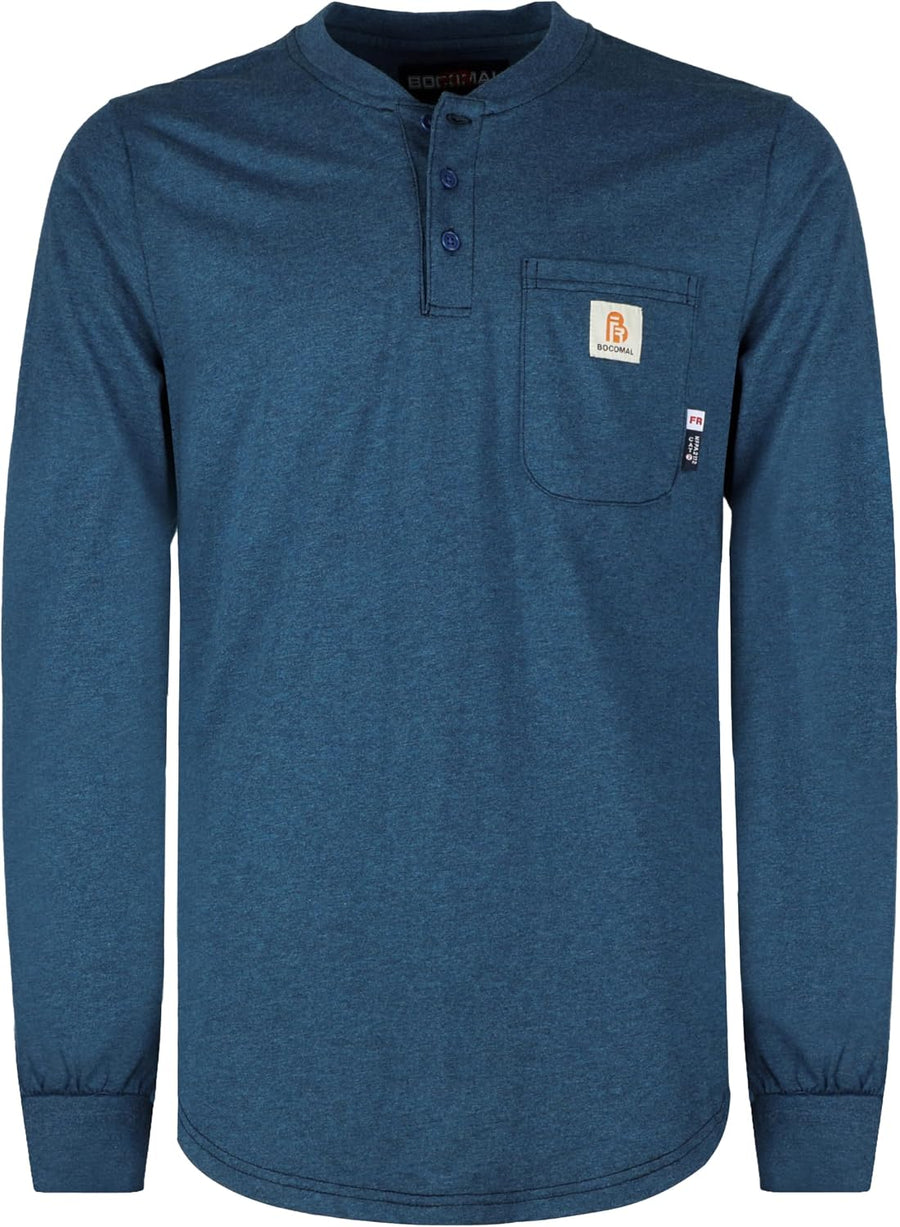 BOCOMAL FR Shirts 6oz Midweight Flame Resistant Long Sleeve Classic Henley - Heather Dark Blue