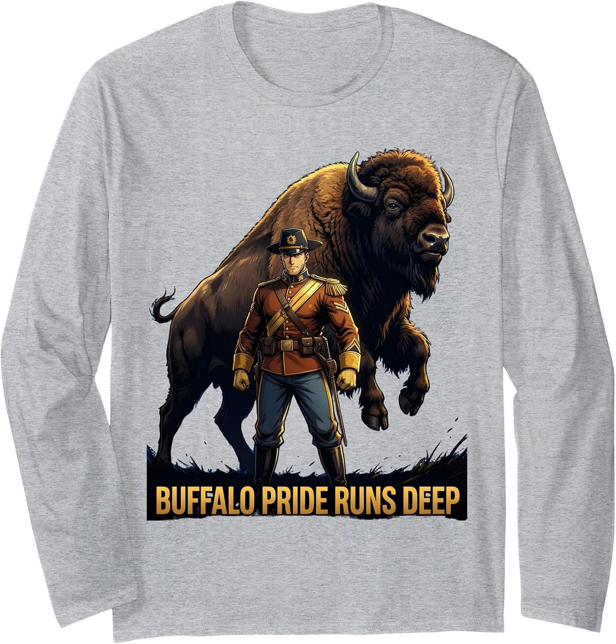 Buffalo Pride Runs Deep Buffalo Soldiers Design Long Sleeve T-Shirt - Adult Unisex Heather Grey