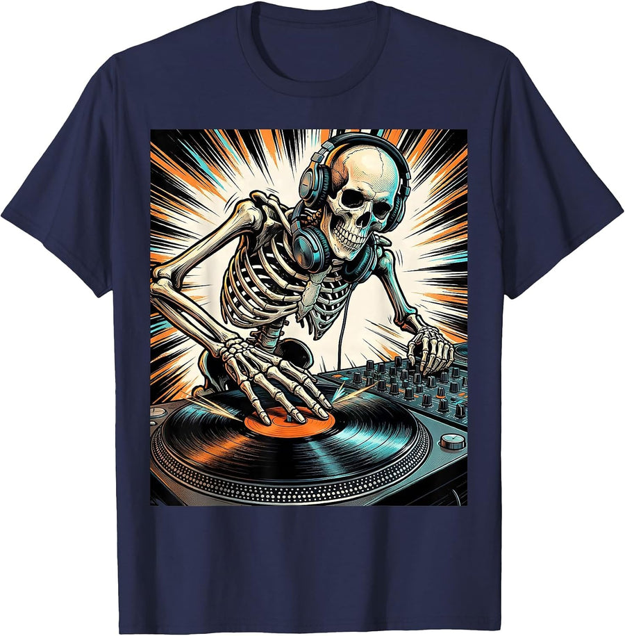 Skeleton DJ Comic Book Halloween Musician Costume Humor T-Shirt - Navy Blue