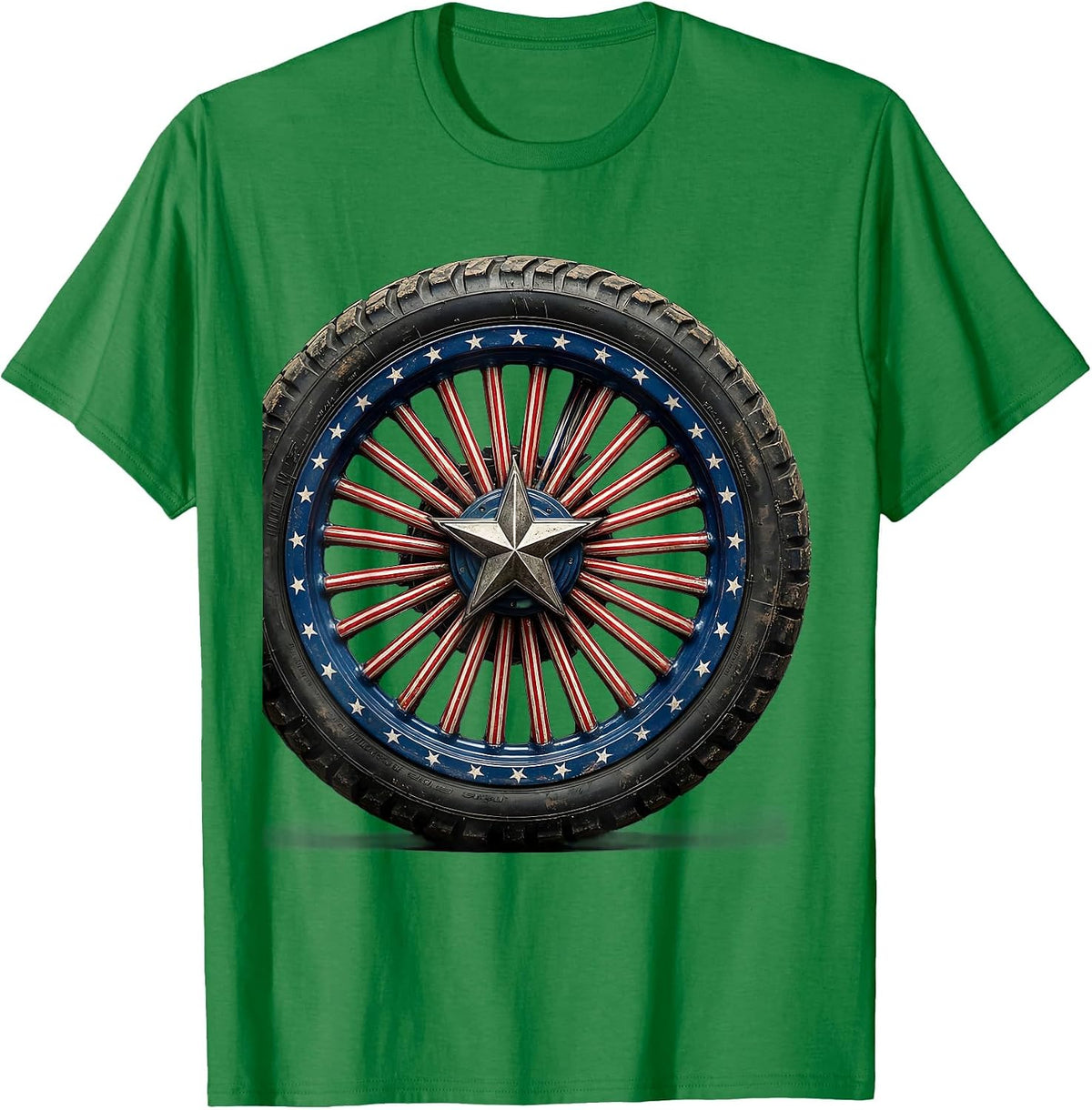 Men's Patriotic Motorcycle Wheel Star-Spangled Spokes T-Shirt - Kelly Green