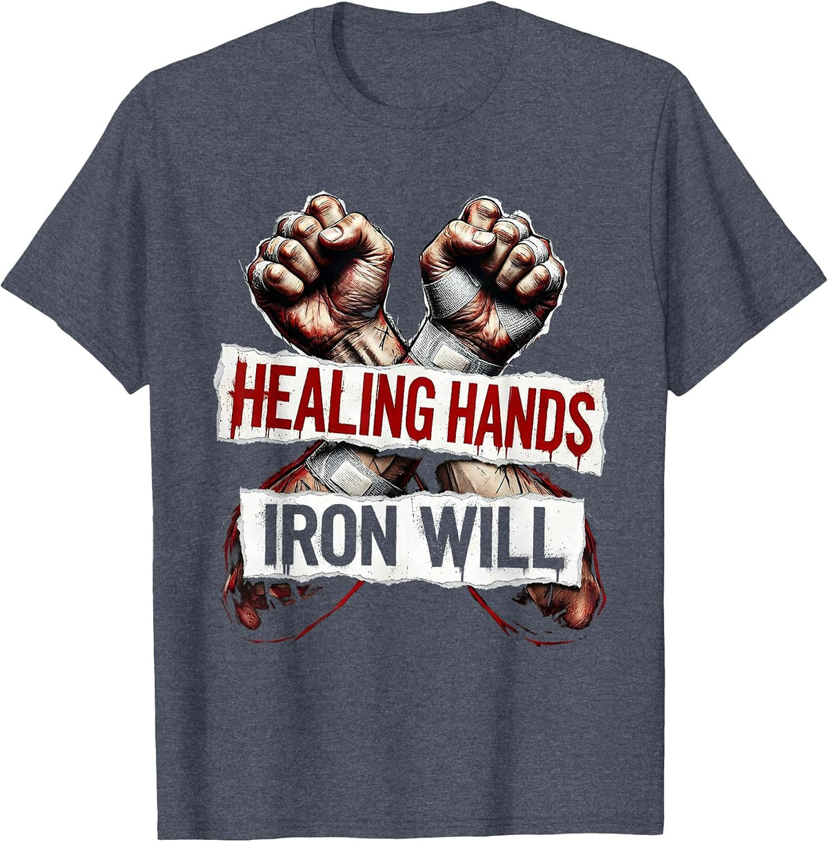 Healing Hands Iron Will CNA Nurse Design T-Shirt - Heather Blue