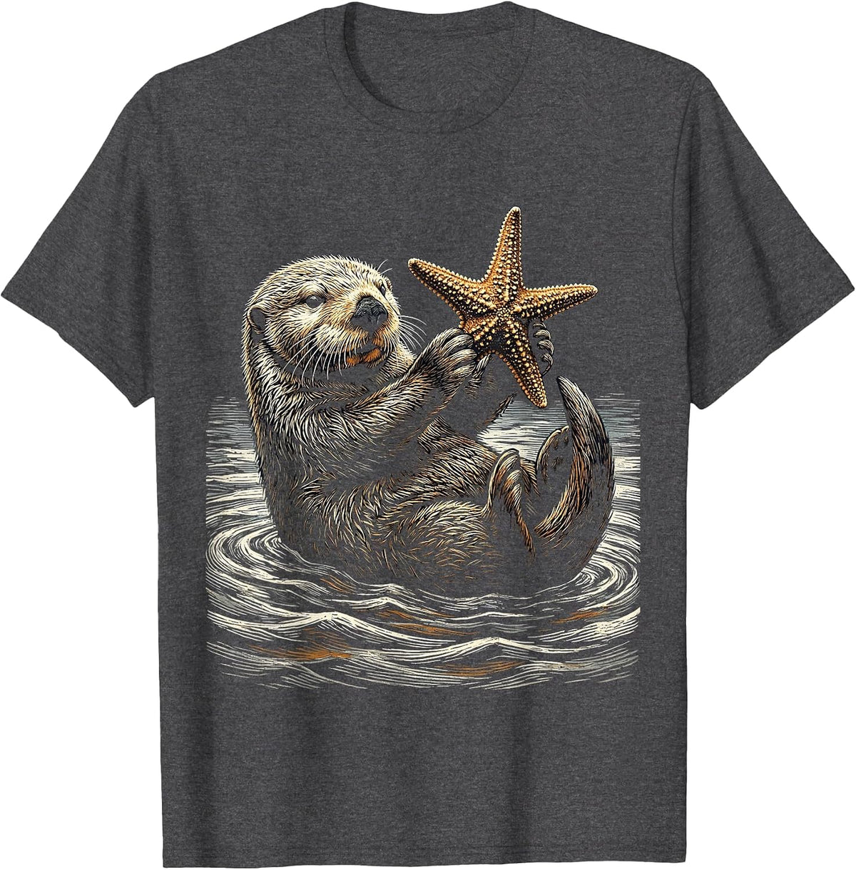 Men's Sea Otter Holding Starfish Above Water T-Shirt - Dark Heather Grey