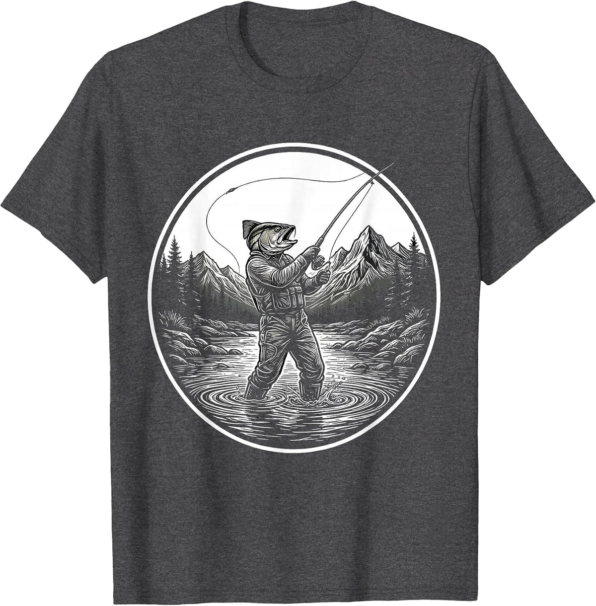 Fly Fishing Angler Casting in Mountain Stream T-Shirt - Dark Heather Grey