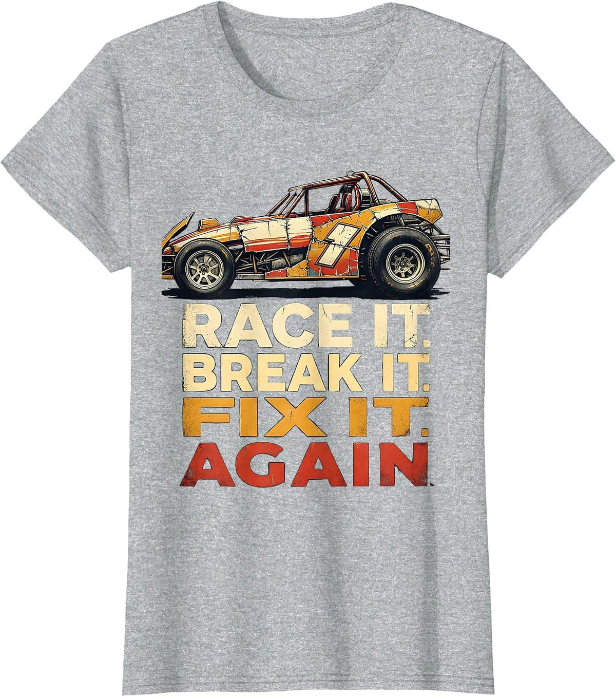 Race It Break It Fix It Again Distressed Vintage Racing T-Shirt - Heather Grey