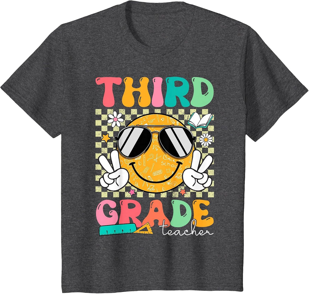 Third 3rd Grade Teacher Smile Face Back to School Groovy T-Shirt - Dark Heather Grey