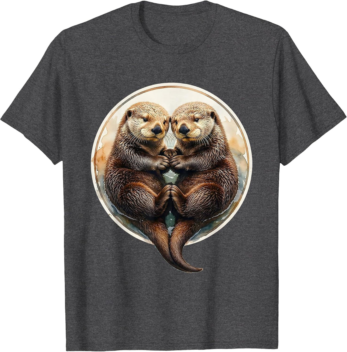 Men's Sea Otter Couple Holding Paws Sleeping Illustration T-Shirt - Dark Heather Grey