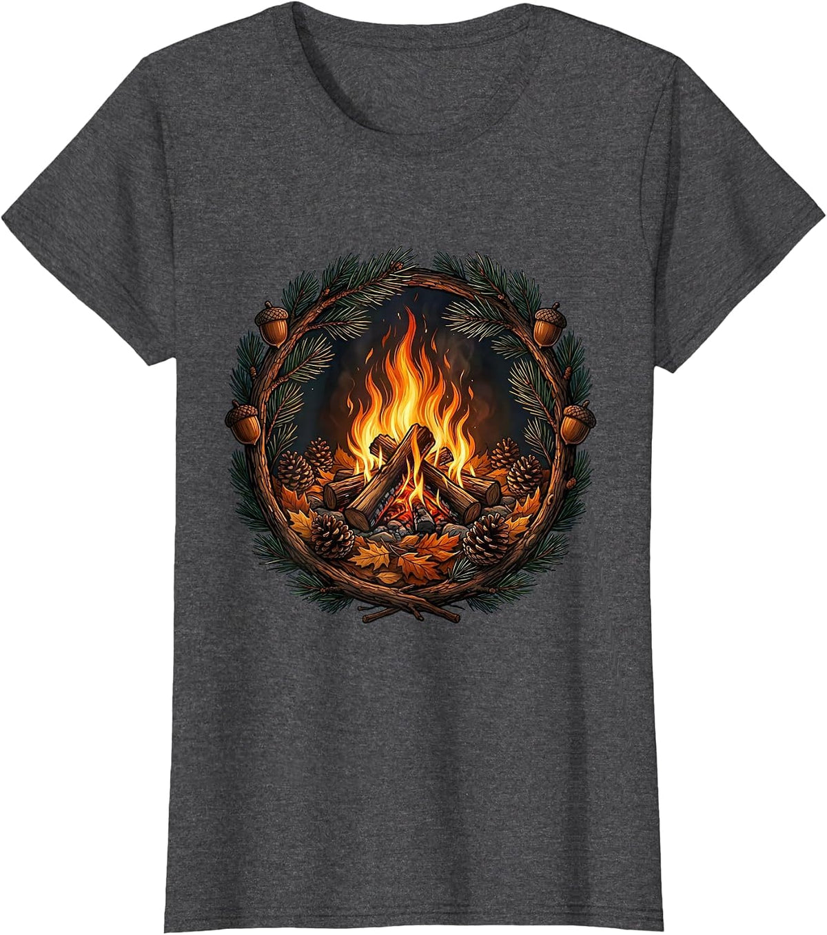Women's Fall Campfire Pine Cone Autumn Nature Illustration T-Shirt - Dark Heather Grey