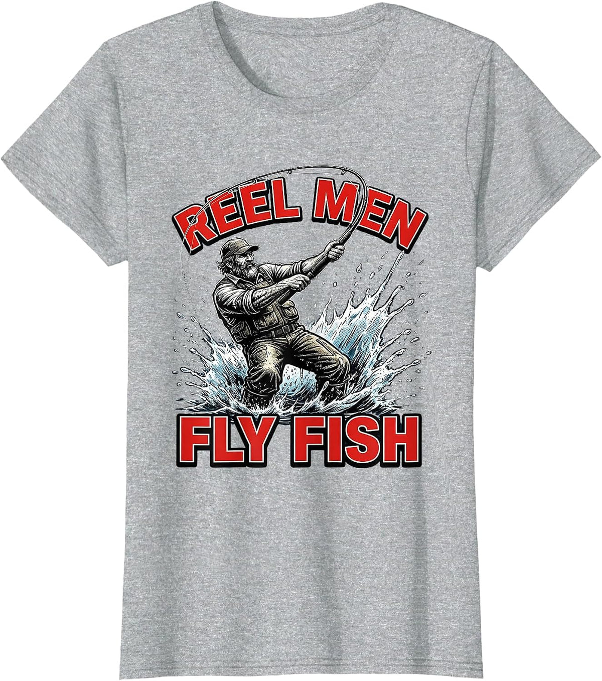 Reel Men Fly Fish Fly Fishing Design T-Shirt - Heather Grey
