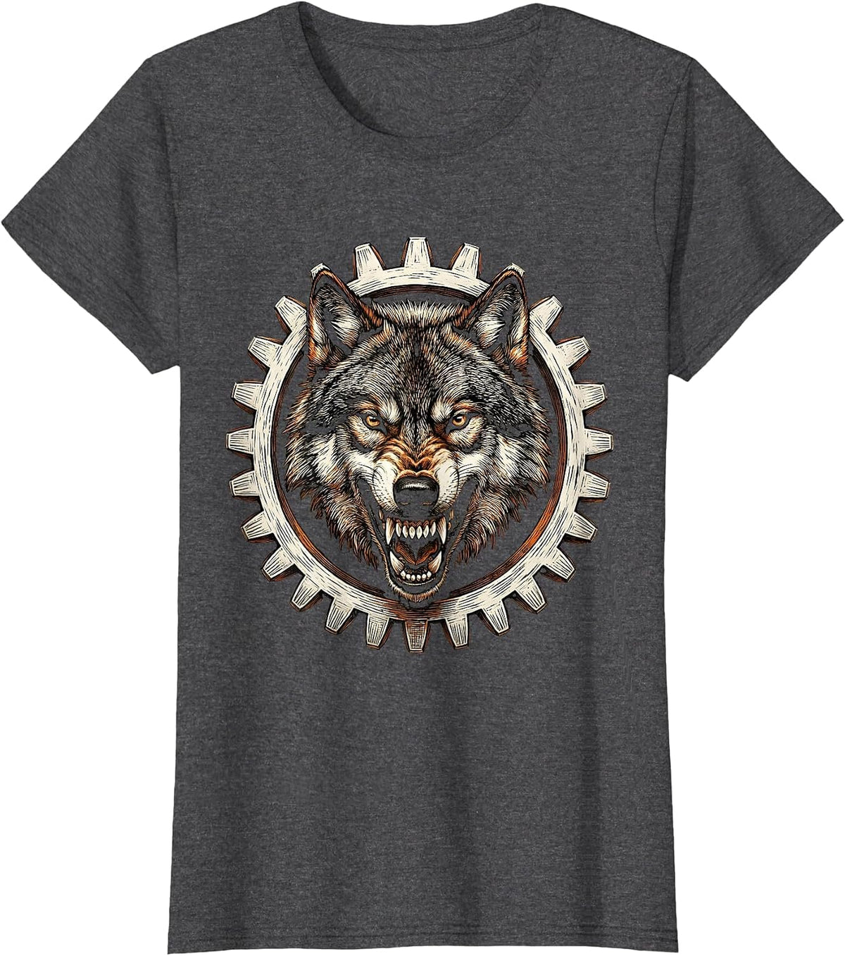 Women's Wolf Head Motorcycle Sprocket Gear Graphic T-Shirt - Dark Heather Grey