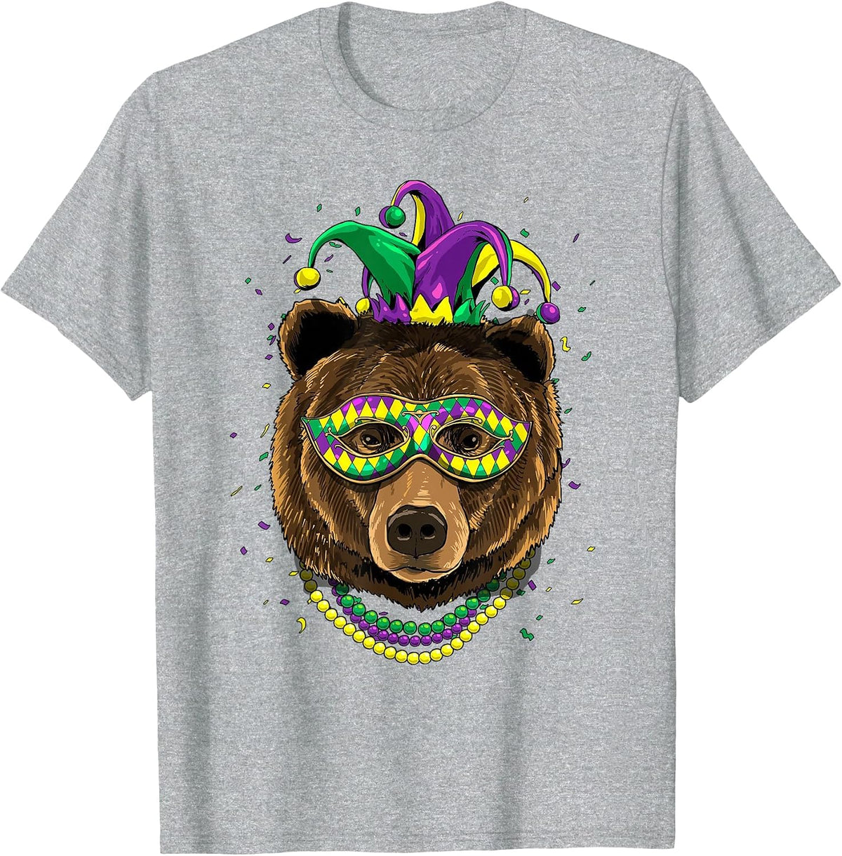 Bear Animal Lover Cute Mardi Gras Carnival Jester T-Shirt, Men, Heather Grey, X-Large - As Pictured