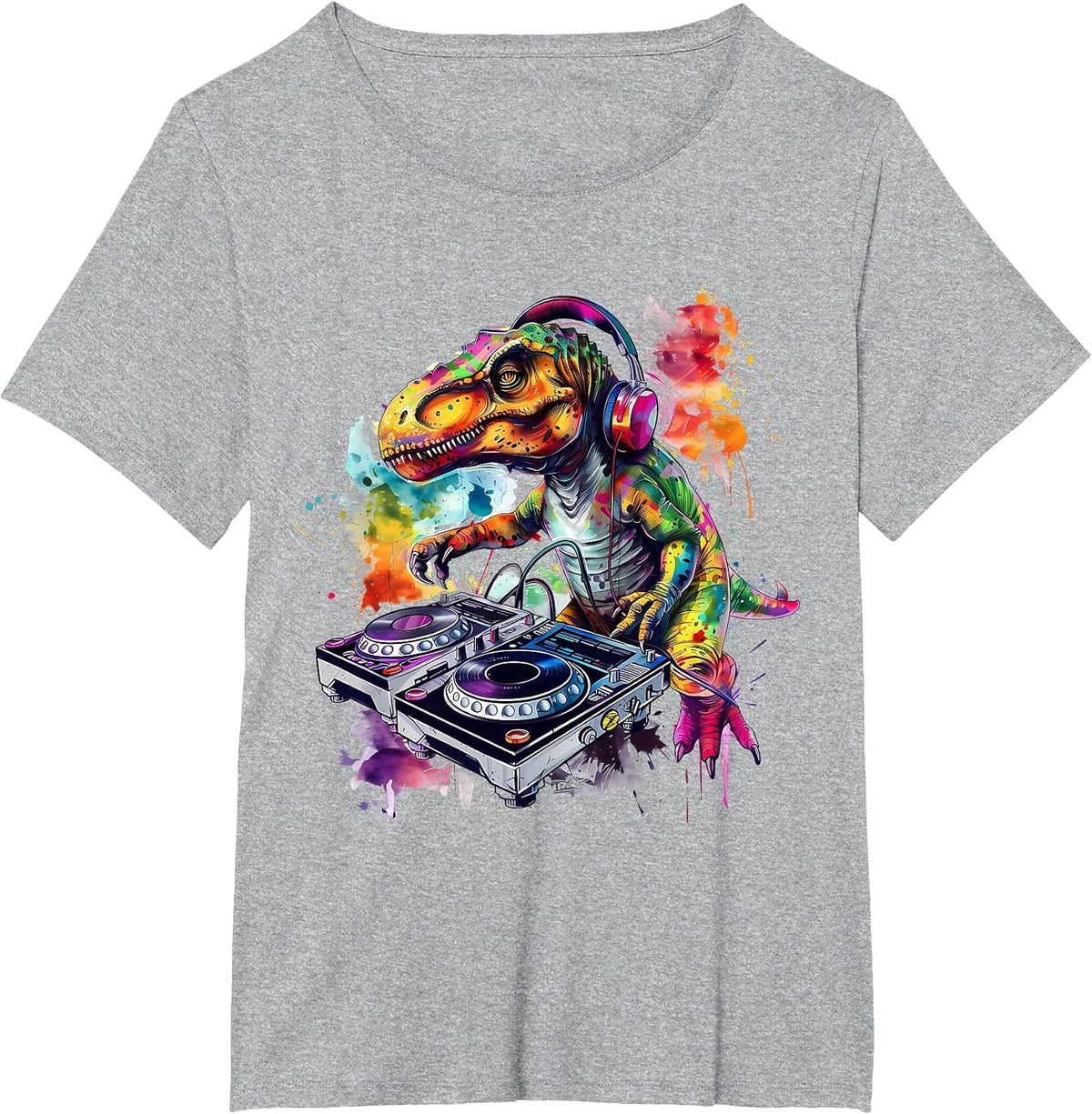 DJ Dinosaur Techno Artwork Turntable DJ Dinosaur Beatmaker T-Shirt - Heather Grey