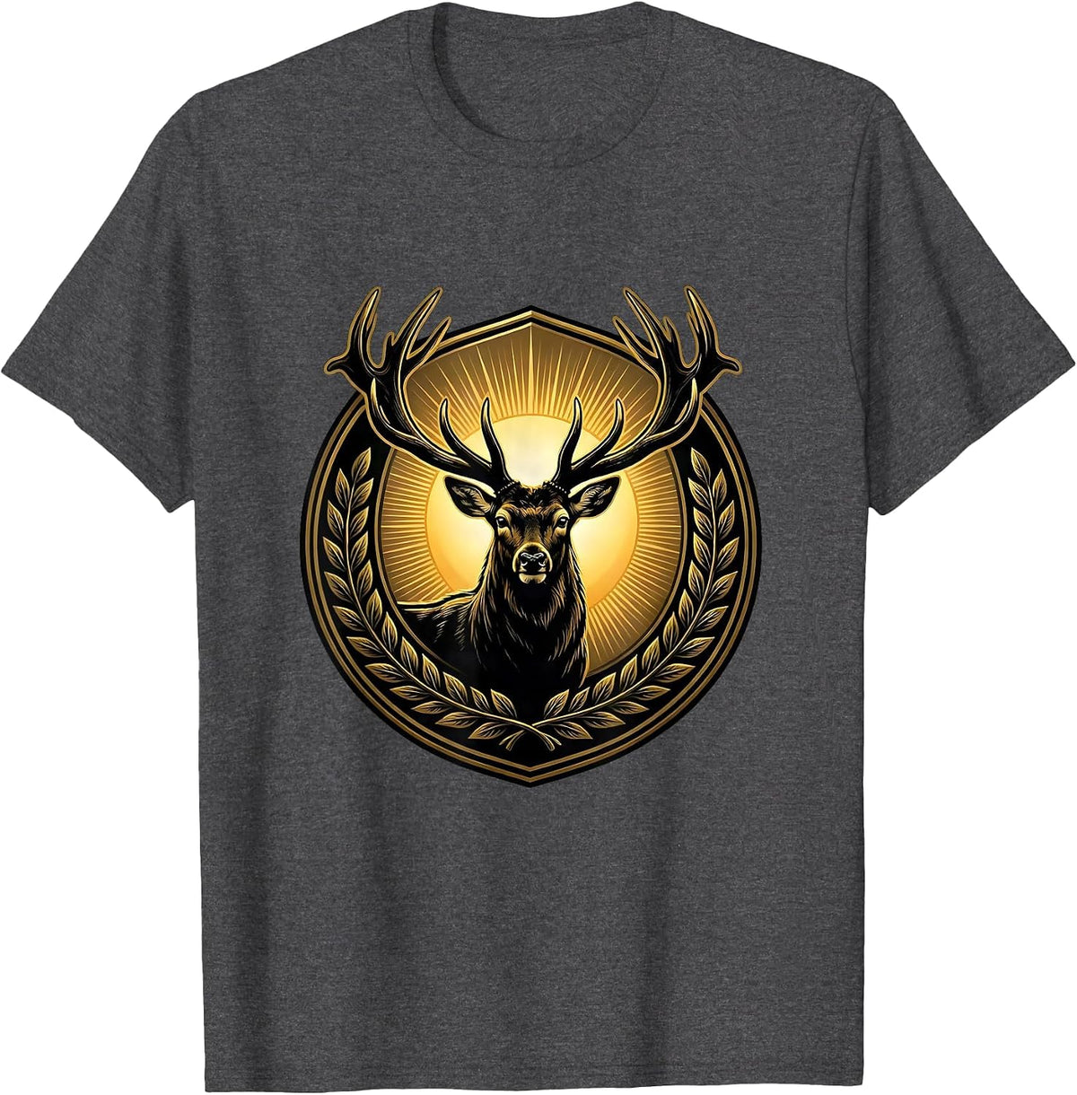 Men's Buck Deer Silhouette Rising Sun Hunting Design T-Shirt - Dark Heather Grey