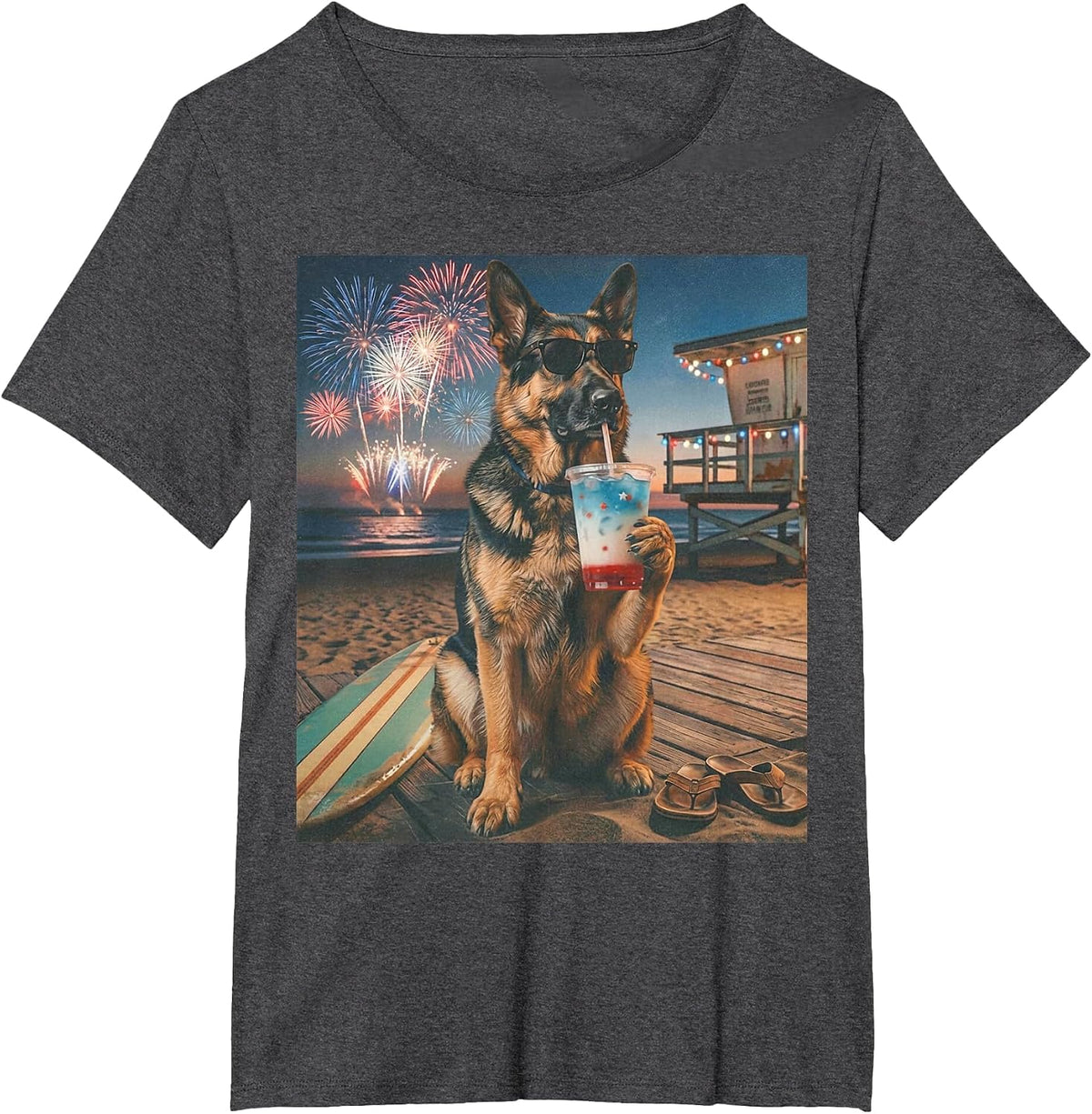 Funny German Shepherd Patriotic Beach Fireworks Dog Art T-Shirt - Dark Heather Grey