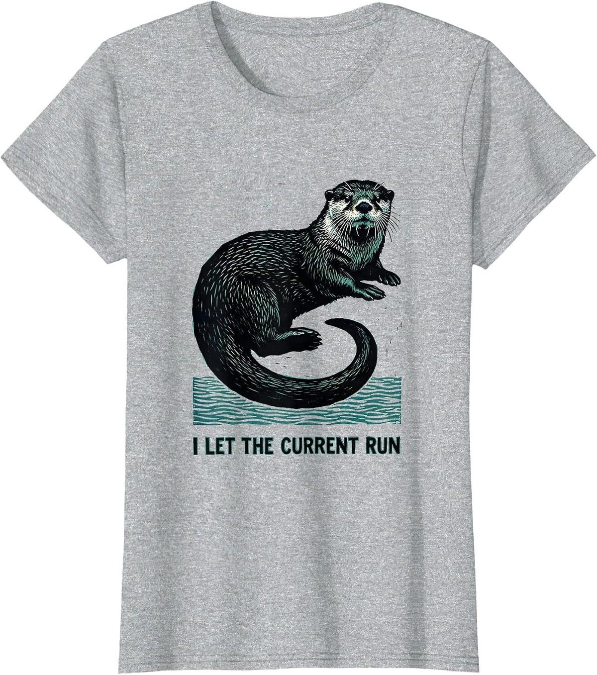 Women's I Let The Current Run Funny Sea Otter Linocut Otter Lover T-Shirt - Heather Grey