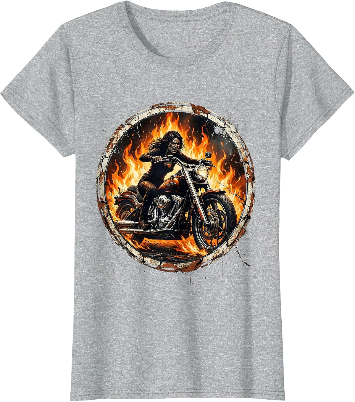 Motorcycle Rider Blazing Through Flames Graphic T-Shirt - Heather Grey