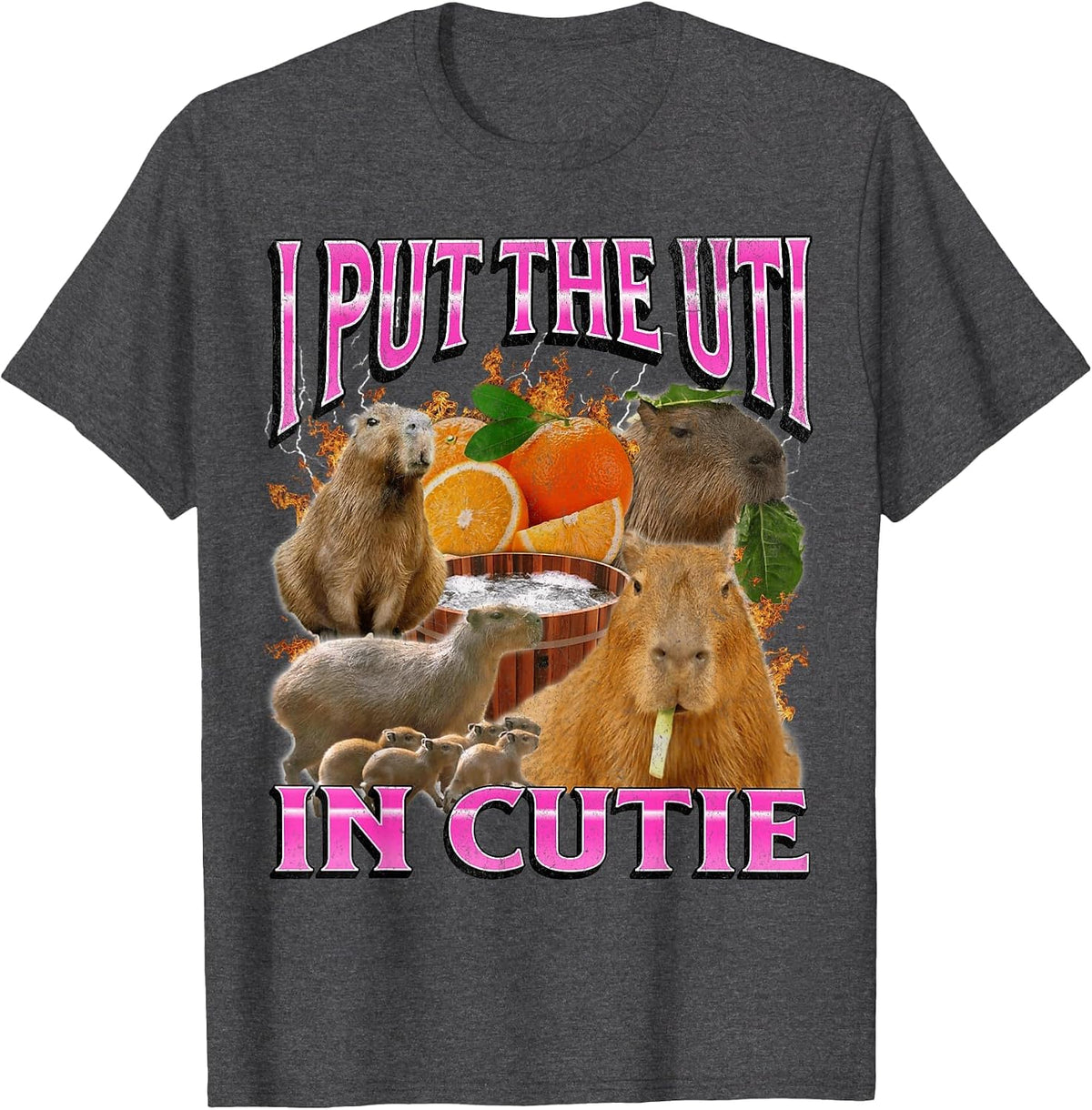 Put The UTI in Cutie Funny Capybara Meme Bootleg Y2K Graphic T-Shirt - Dark Heather Grey