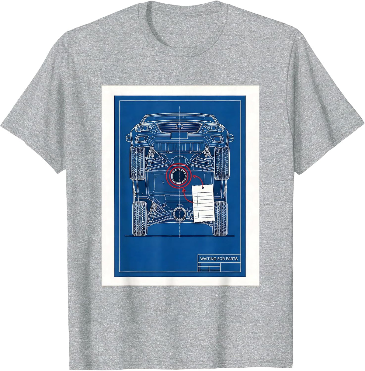 Men's Waiting For Parts Technical Blueprint Mechanic Skeleton Auto T-Shirt - Heather Grey