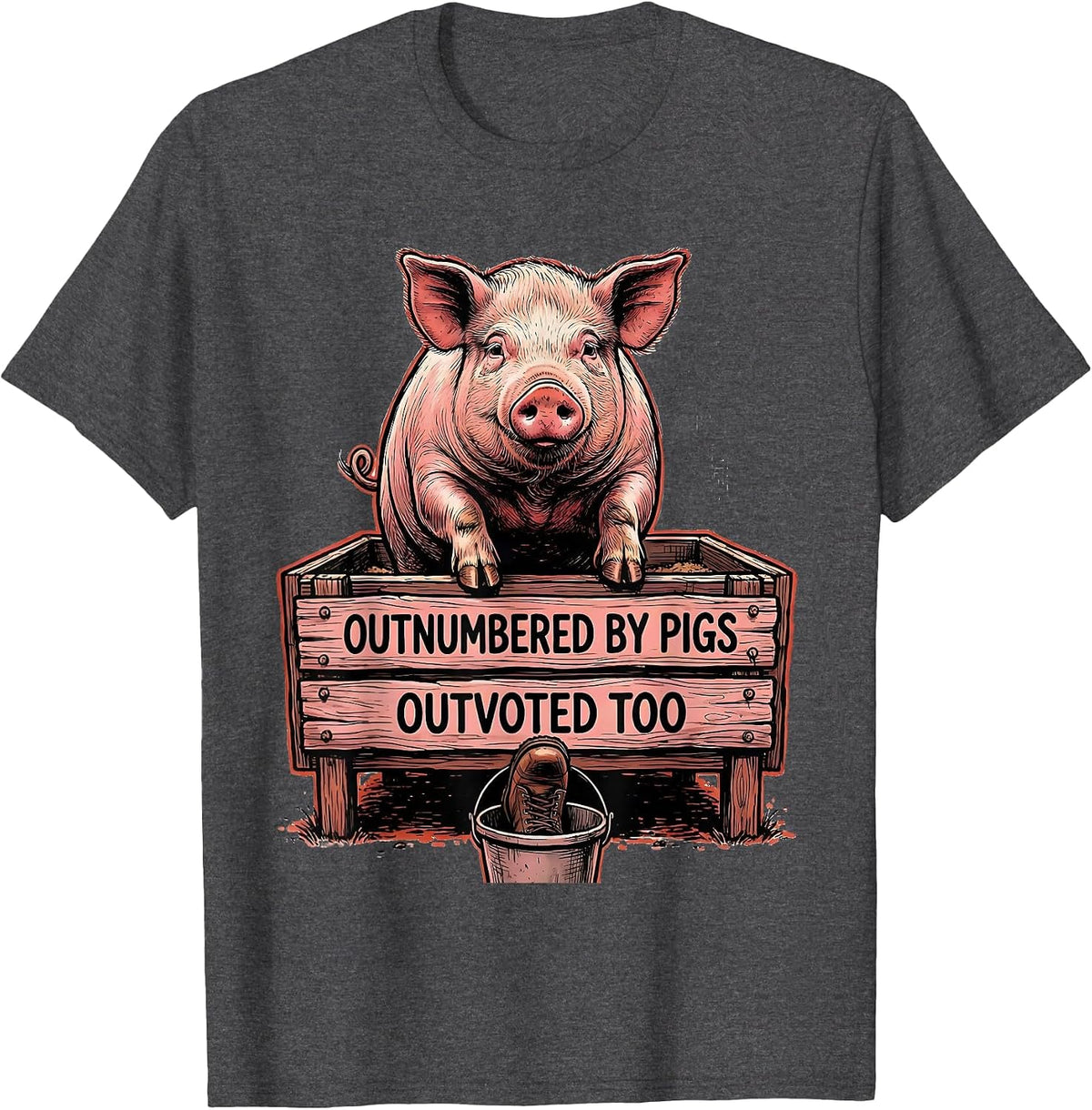 Outnumbered By Pigs Outvoted Too Funny Pig Lover Farm Animal T-Shirt - Dark Heather Grey