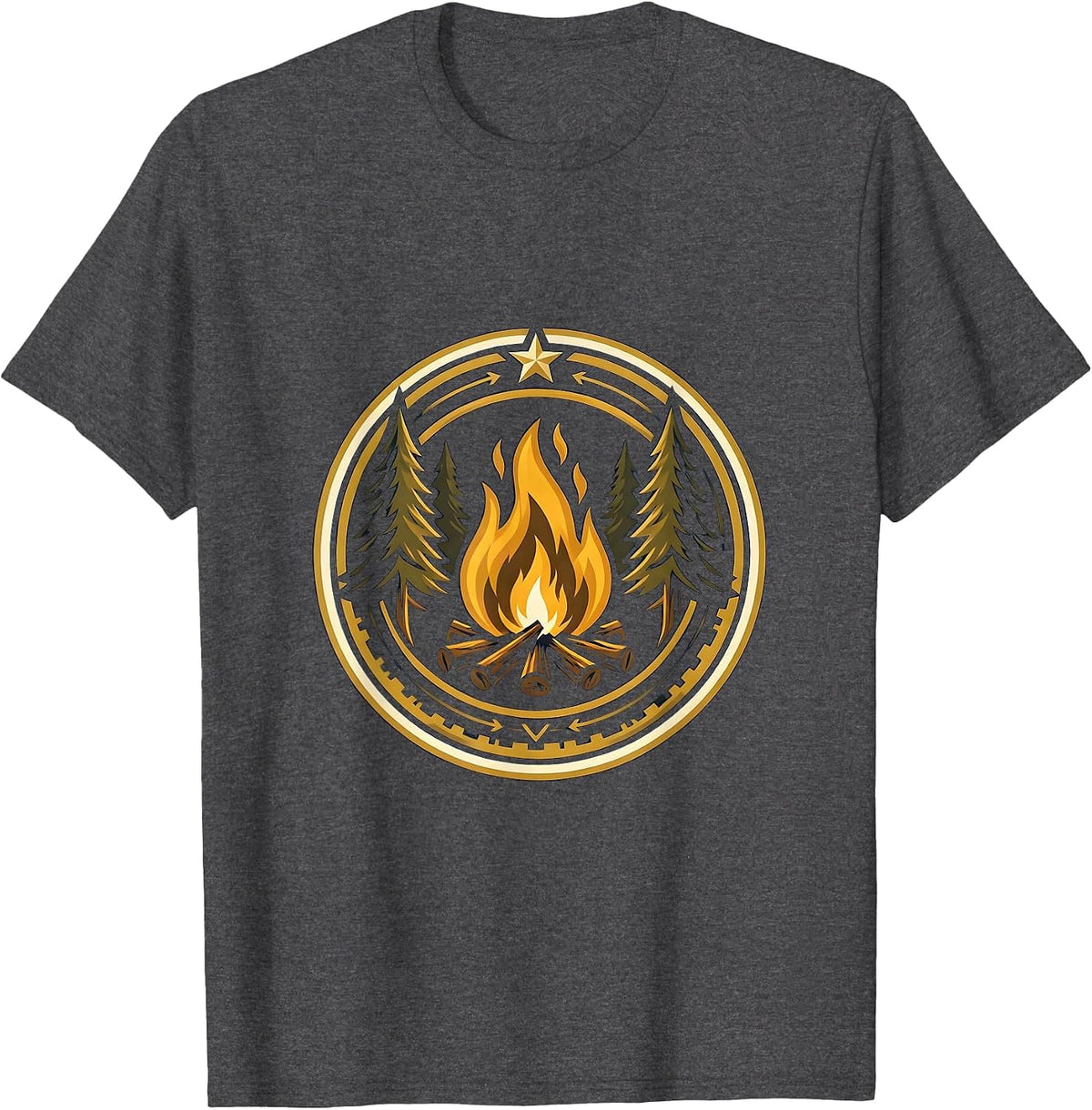 Men's Campfire Pine Trees Night Sky Wilderness Design T-Shirt - Dark Heather Grey