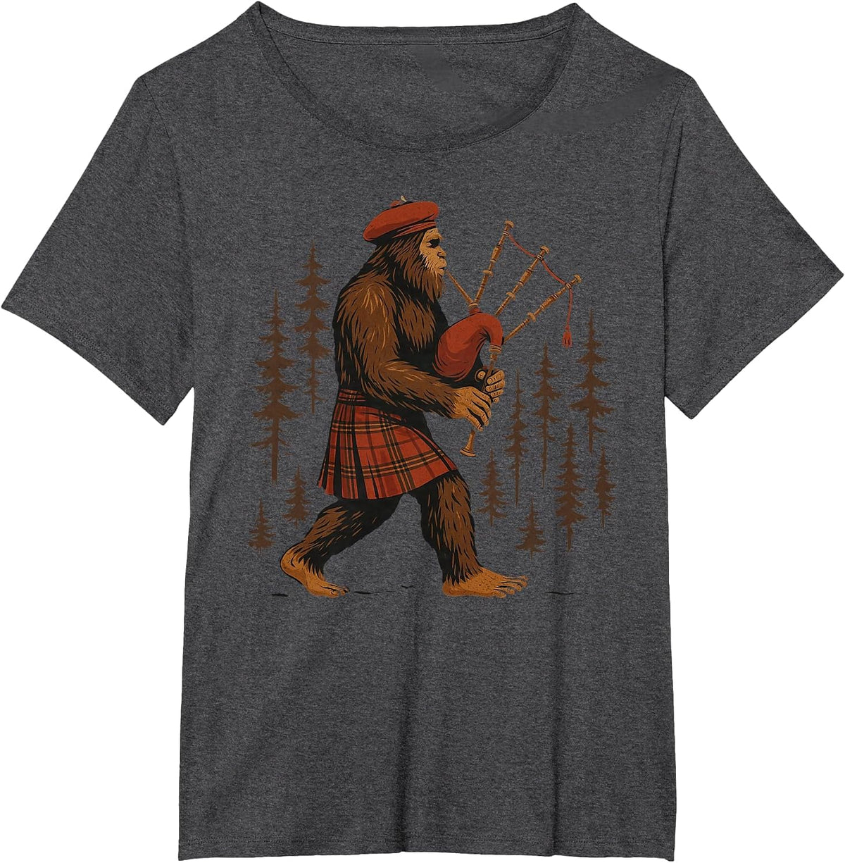 Legendary Sasquatch Bagpipes in Kilts Through Forests T-Shirt - Dark Heather Grey
