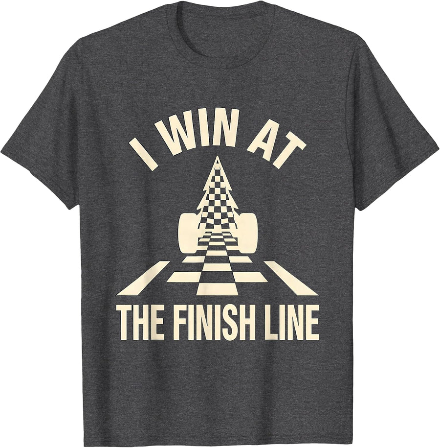 Men's I Win At The Finish Line Competitive Racing Fan Checkered T-Shirt - Dark Heather Grey