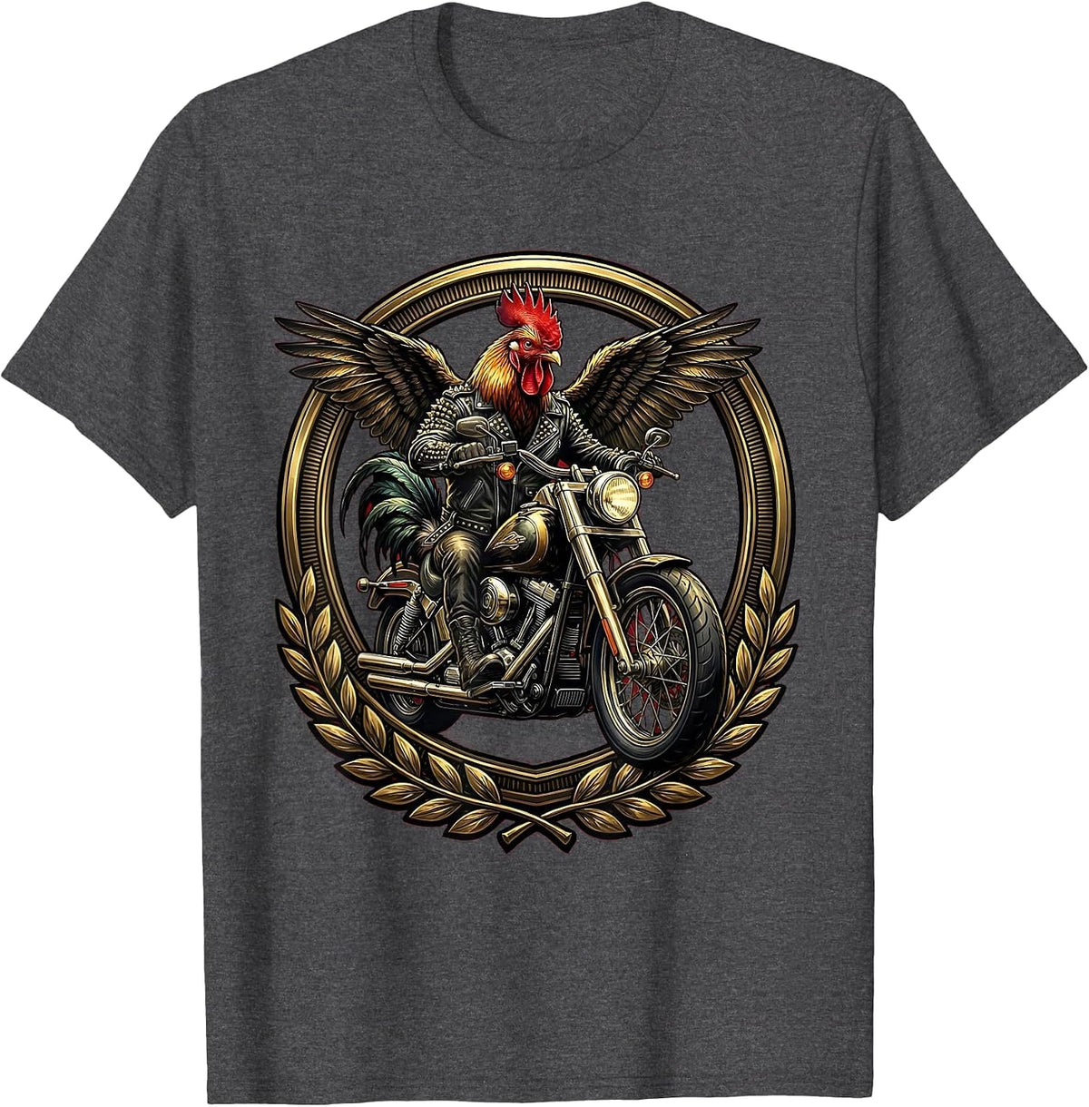 Men's Rooster Biker Revving Motorcycle Graphic Tee T-Shirt - Dark Heather Grey