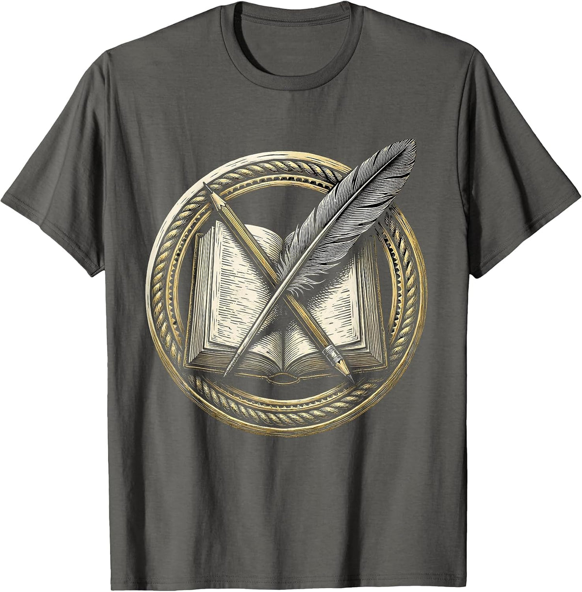 Men's English Teacher Open Book Pencil and Quill Design T-Shirt - Asphalt Grey