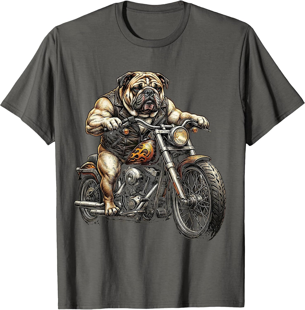 Bulldog Chopper Motorcycle Rider Graphic Tee T-Shirt - Asphalt Grey