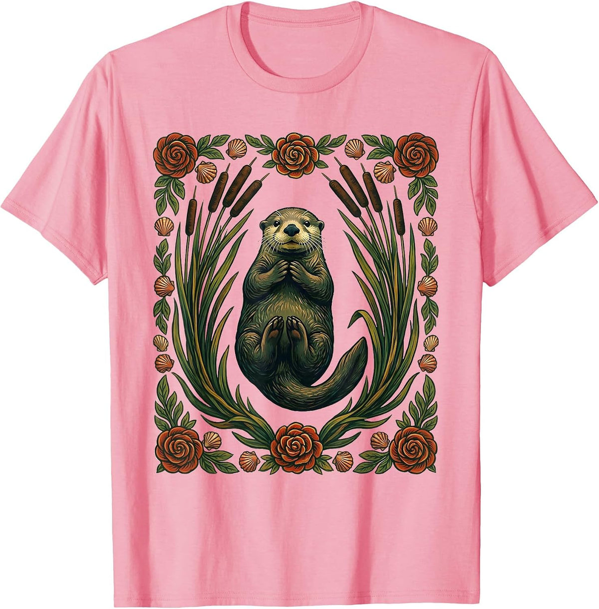 Men's Sea Otter Folk Art Floral Otter Lover Gift T-Shirt - Pink