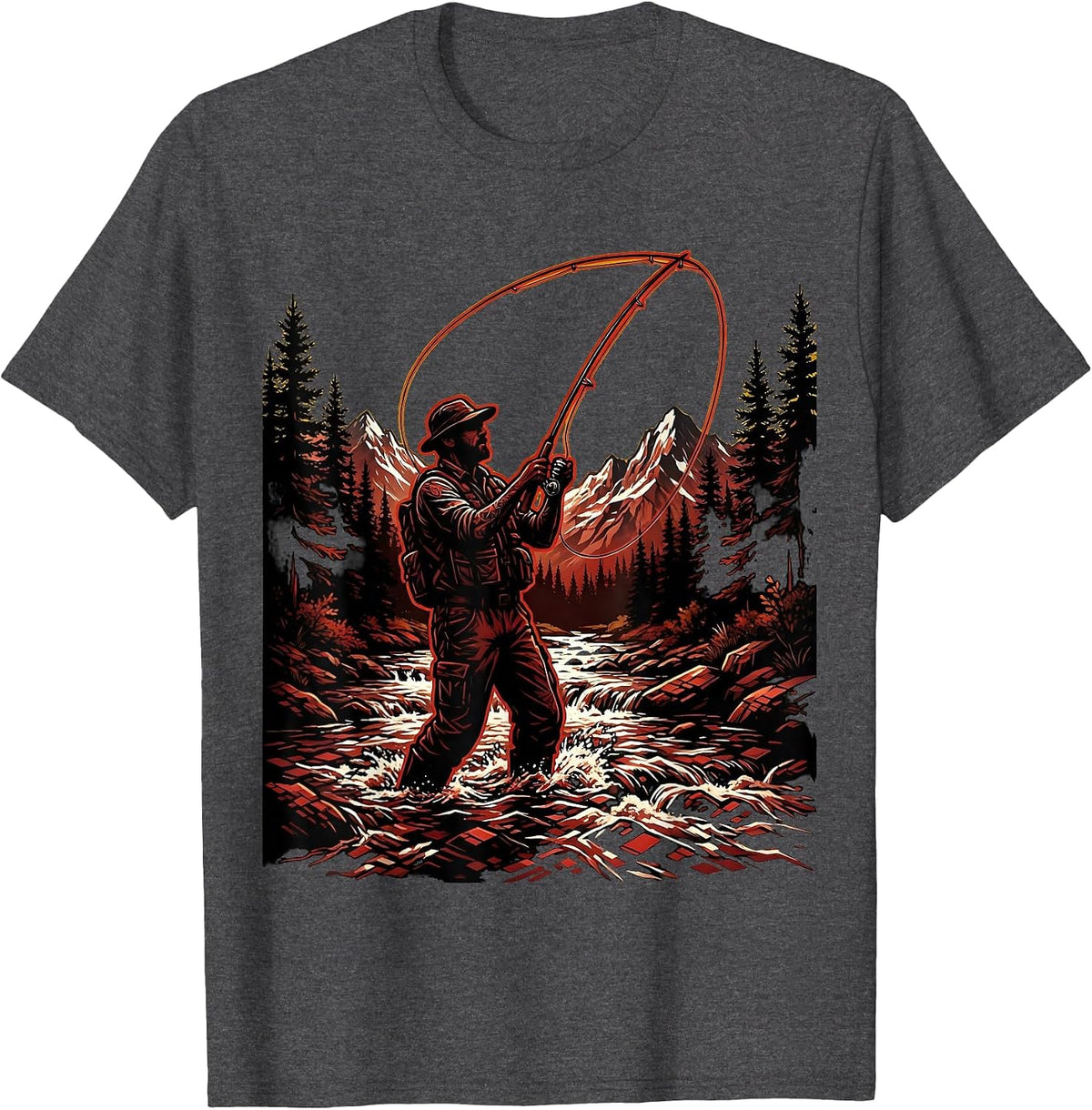 Fly Fisherman Casting in a Mountain Stream T-Shirt - Dark Heather Grey