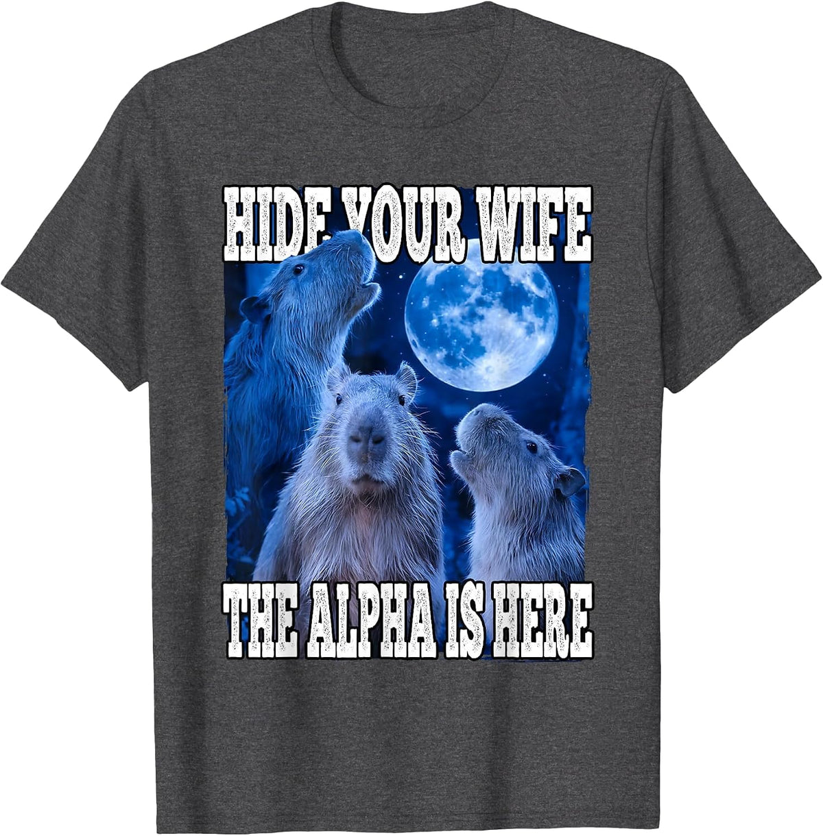 Hide Your Wife The Alpha is Here Funny Capybara Alpha Meme T-Shirt - Dark Heather Grey