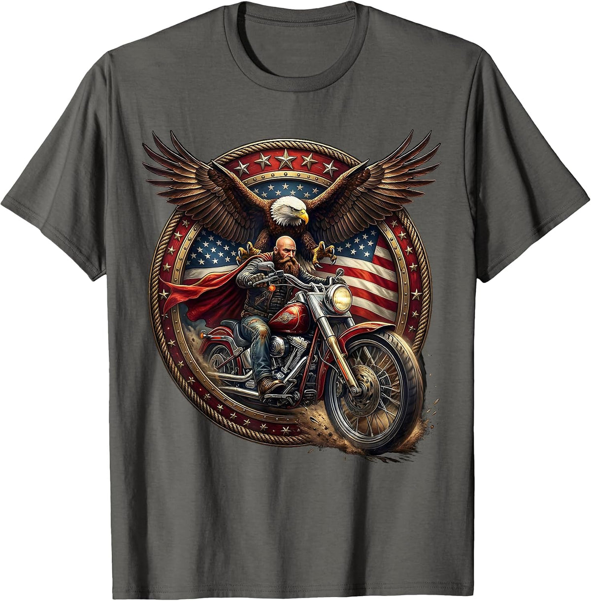 Bearded Biker American Flag Cape Motorcycle Rider T-Shirt - Asphalt Grey
