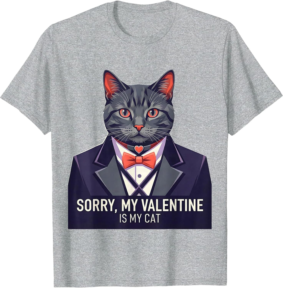Men's Sorry, My Valentine Is My Cat Funny Tuxedo Bow Tie Costume T-Shirt - Heather Grey