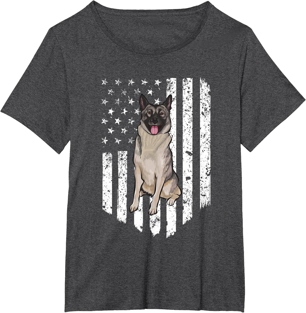 Black and White American Flag Norwegian Elkhound 4th of July USA T-Shirt - Dark Heather Grey