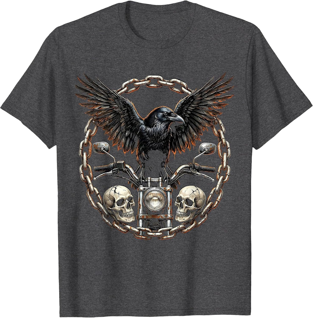 Men's Raven on Rusted Motorcycle Handlebar Biker Art T-Shirt - Dark Heather Grey