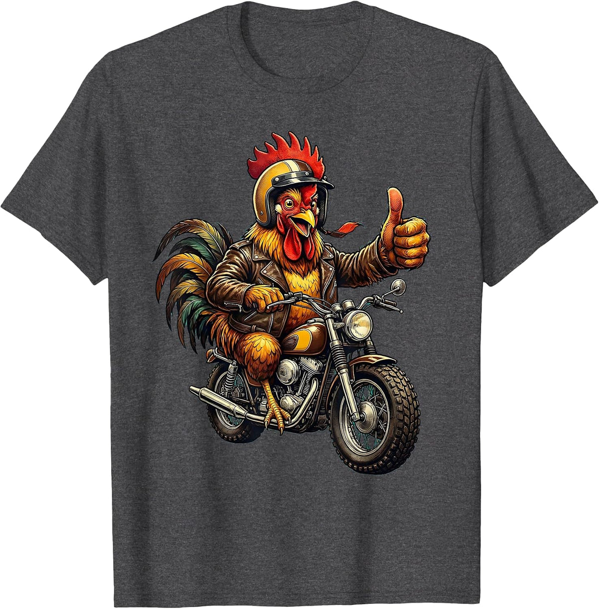 Men's Chicken Riding a Vintage Motorcycle Graphic T-Shirt - Dark Heather Grey