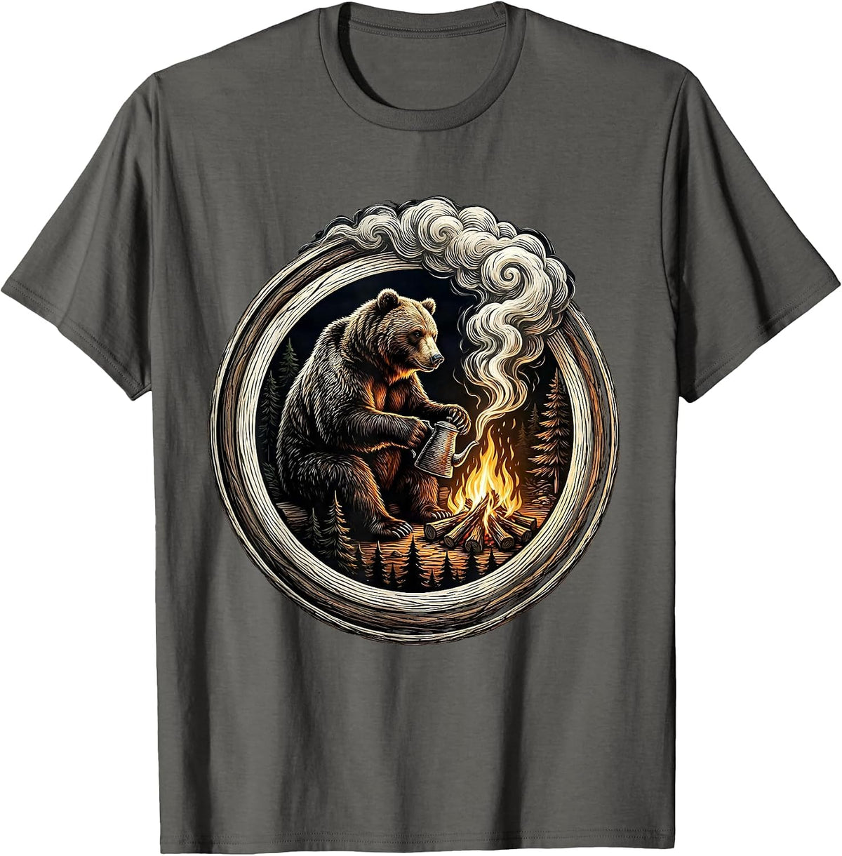 Men's Bear Campfire Coffee Wilderness Illustration T-Shirt - Asphalt Grey