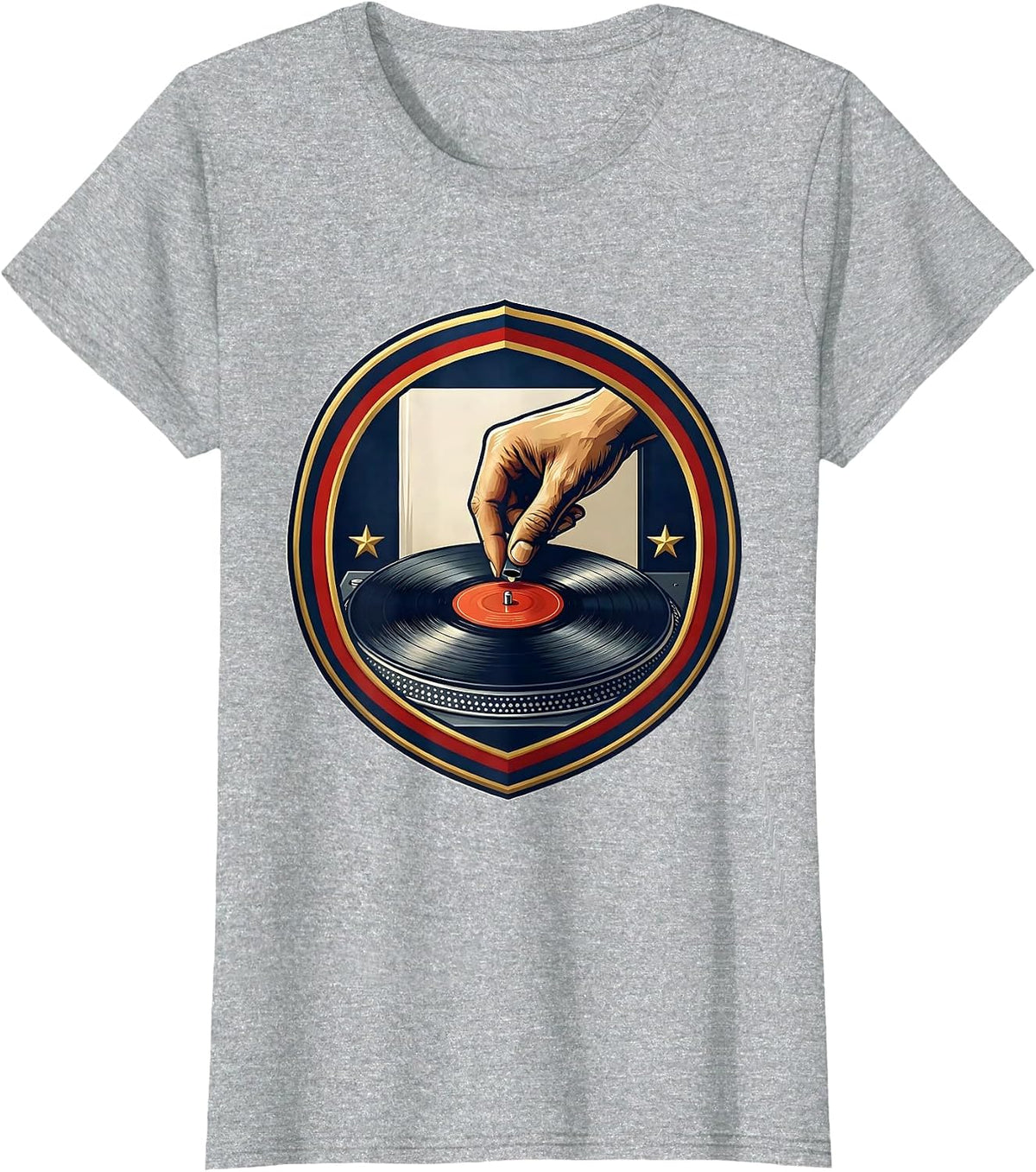 Record Turntable Shield Badge Vinyl Collector Retro Music T-Shirt - Heather Grey