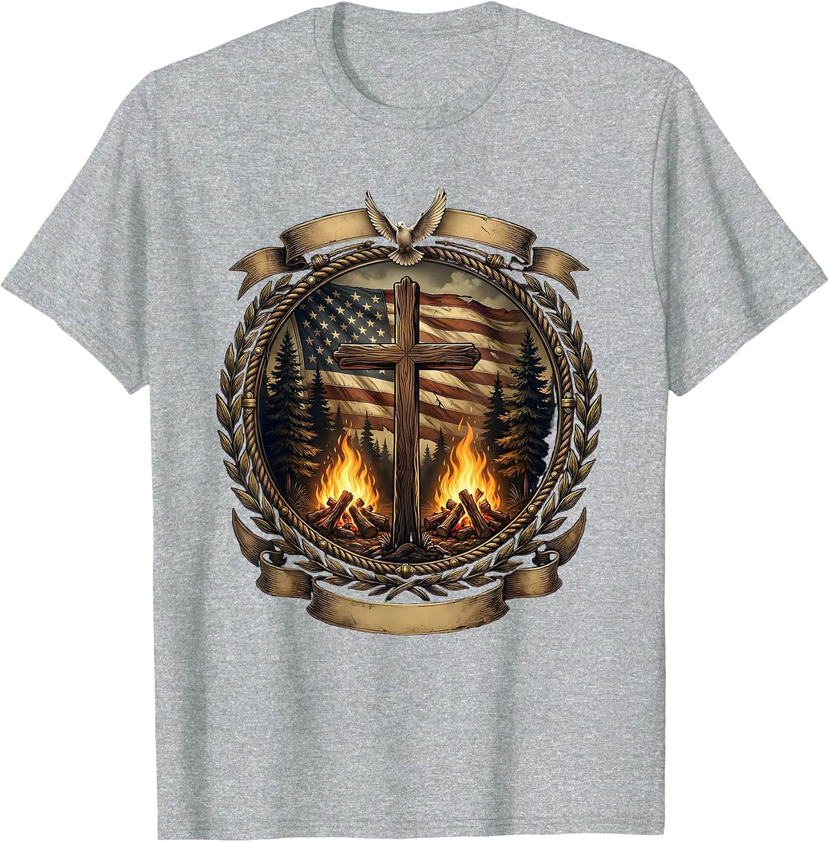 Men's Campfire Pine Trees Night Sky Wilderness Design T-Shirt - Heather Grey