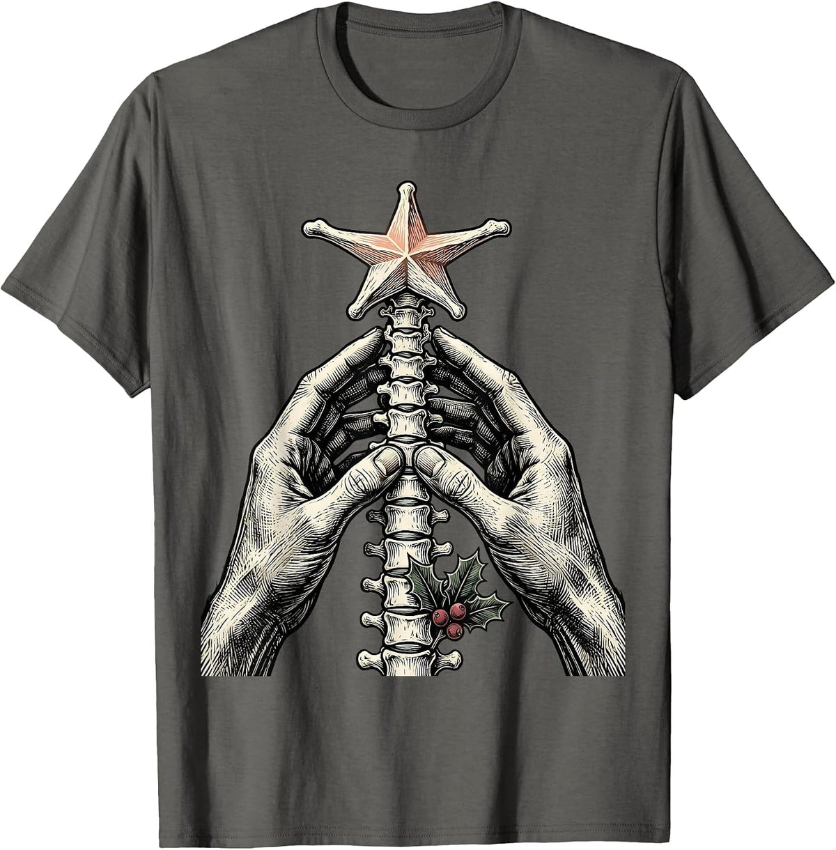 Chiropractic Hands Christmas Woodcut Engraving Chiropractor T-Shirt - Asphalt Grey