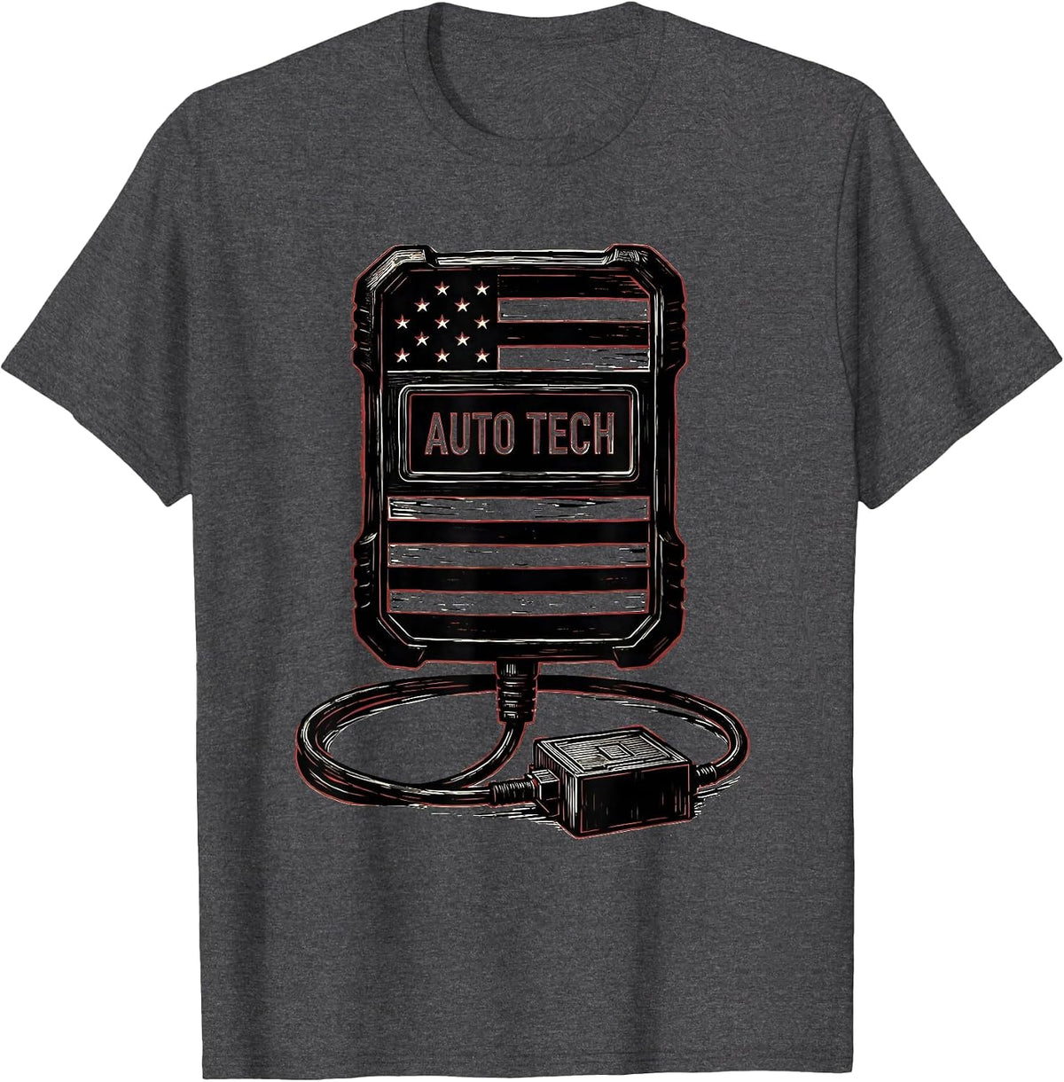 Men's Auto Tech Linocut American Flag Mechanic Gift for Oilfield T-Shirt - Dark Heather Grey