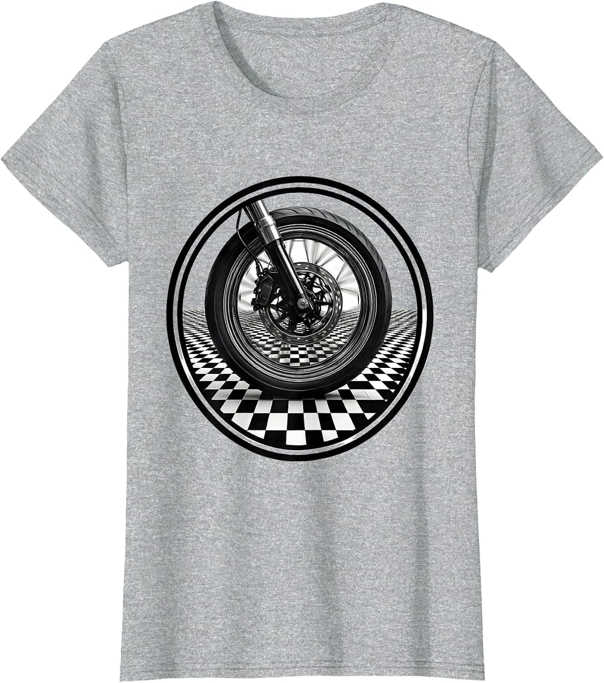 Women's Motorcycle Wheel Black White Checkered Graphic T-Shirt - Heather Grey