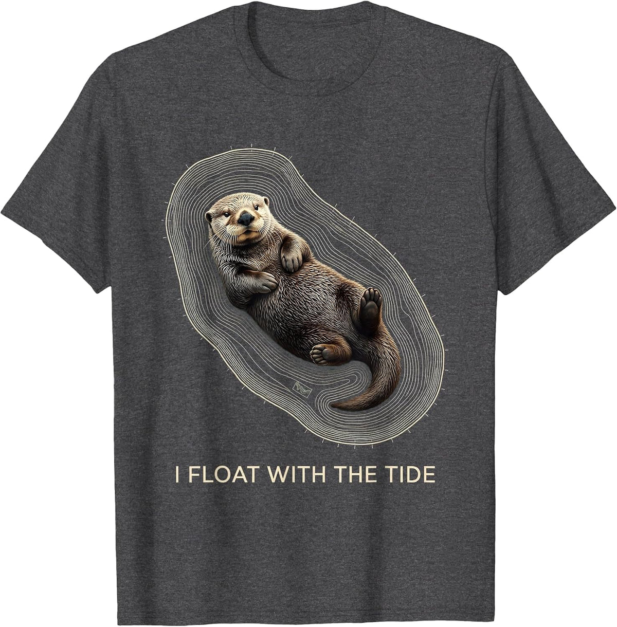 Men's I Float With The Tide Topographic Sea Otter Animal Lover Pun T-Shirt - Dark Heather Grey