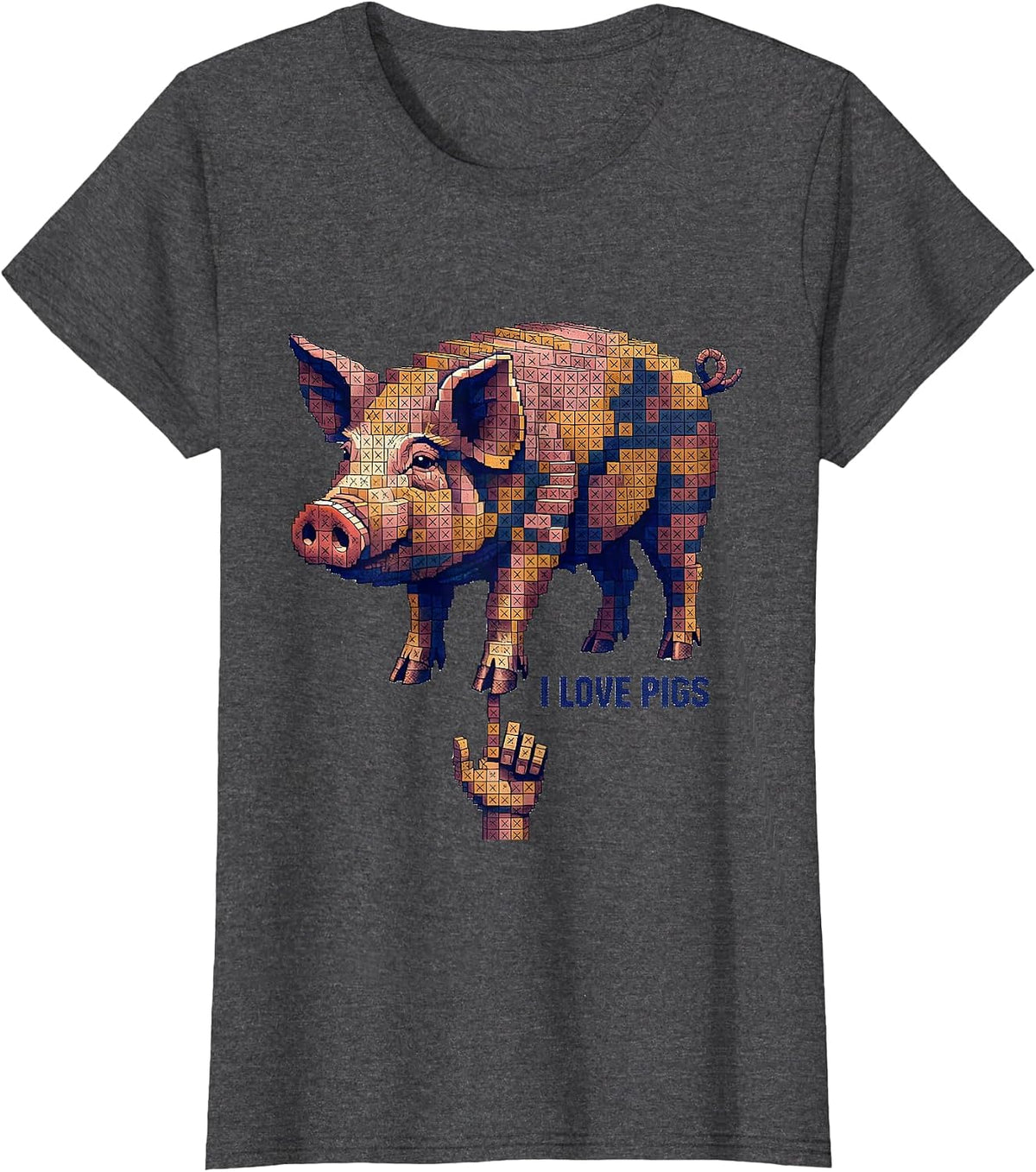 Women's I Love Pigs Funny Farm Animal Lover Cross Stitch Sampler T-Shirt - Dark Heather Grey