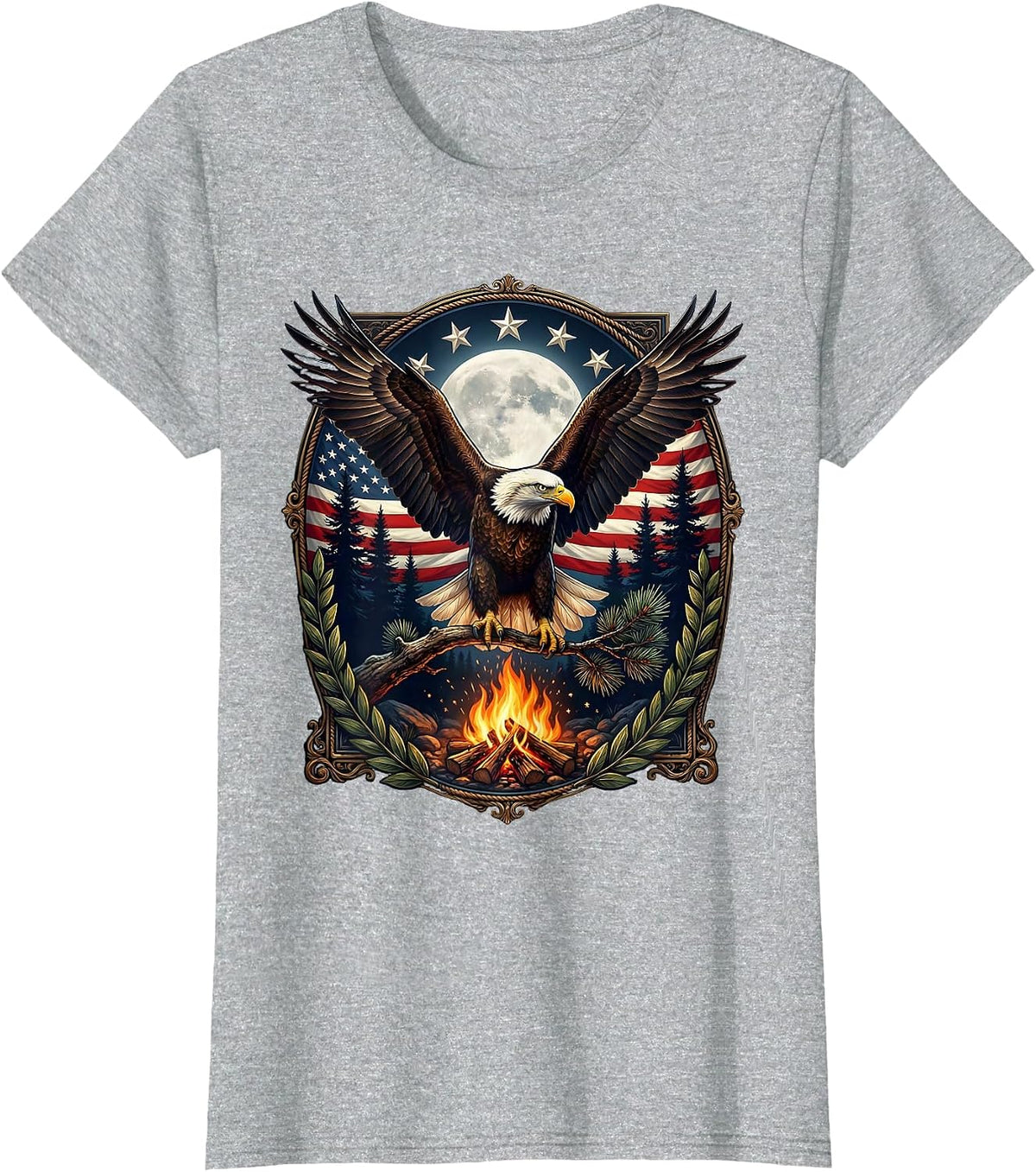 Campfire Starlit Pine Forest Night Graphic T-Shirt - Heather Grey
