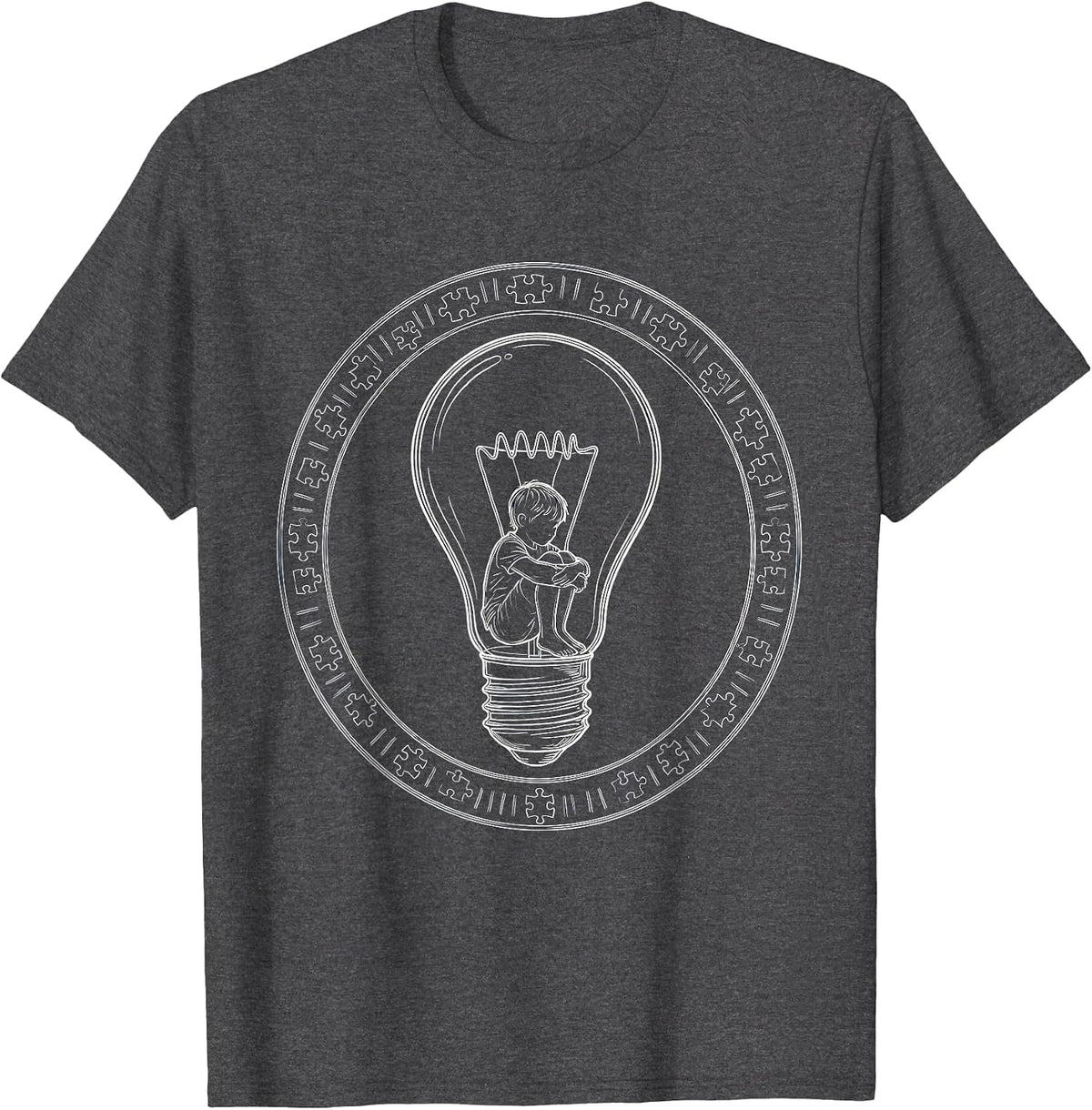 Autism Awareness Child Silhouette Lightbulb Design T-Shirt - Dark Heather Grey
